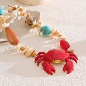 Red Crab Coastal Multicolor Beaded Gold Necklace